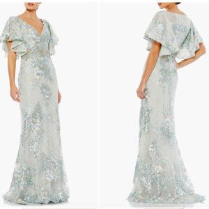 MAC DUGGAL 67842 BELL SLEEVE FLORAL EMBELLISHED SEAFOAM GOWN sz 6